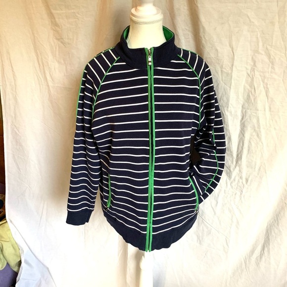 Alia Navy and Green and White Striped Top Thick Warm Fall Jacket - Picture 1 of 7